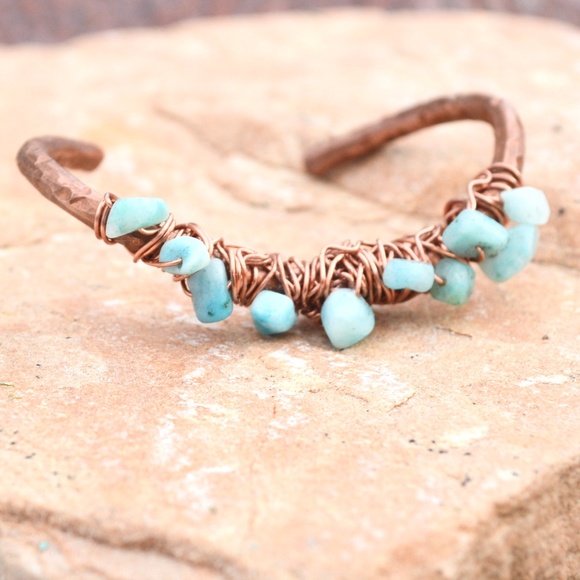Blue Amazonite Copper Cuff Bracelet Healing Reiki Energy Handmade Boho Gift - Picture 2 of 6